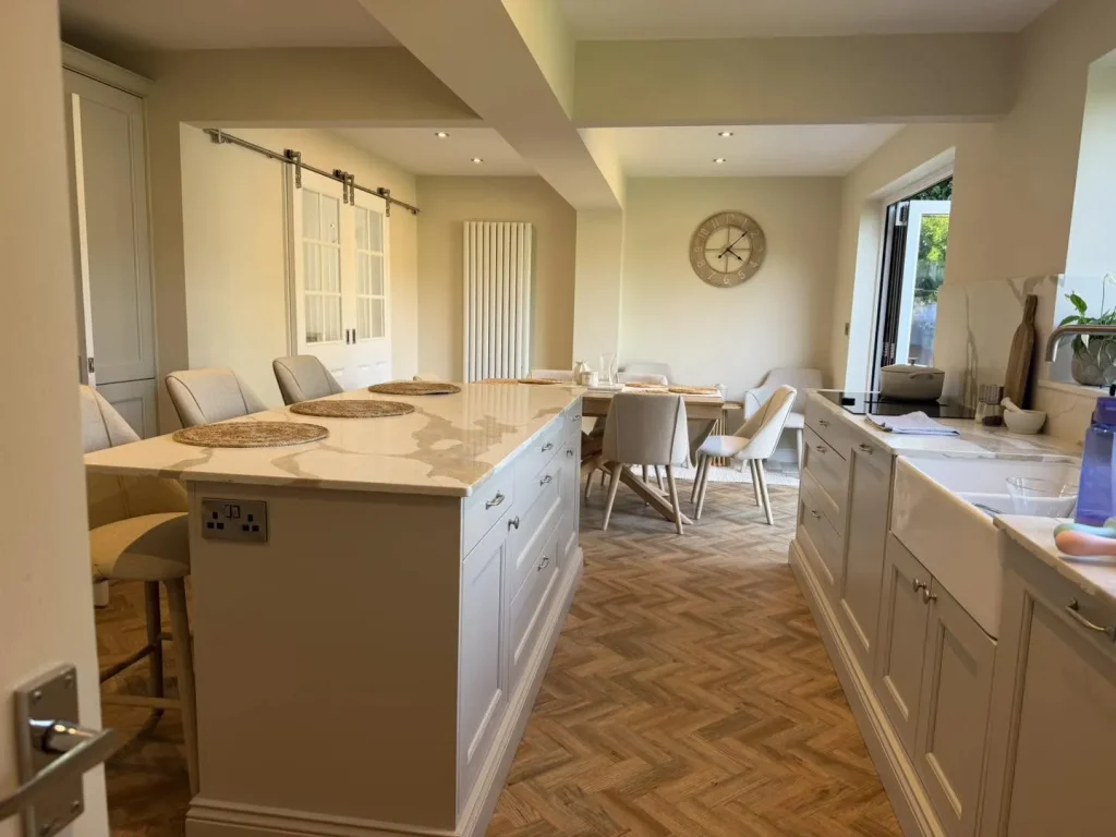 The open-plan kitchen looking through to the dining area